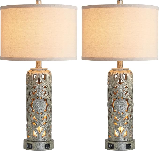 25'' Set of 2 Industrial Table Lamps for Living Room with Dual USB Ports, Vintage Resin Nightstand Lamp for Bedroom with Nightlight, Antique Rustic Desk Lamp for Entryway, 2 Bulbs Included - Bloomnest