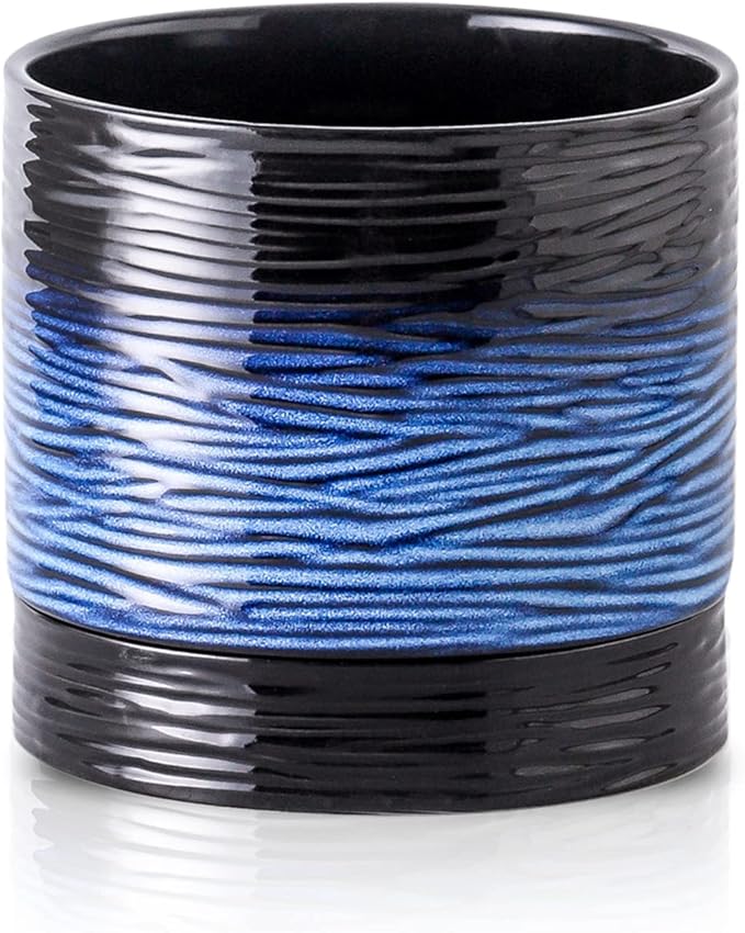 Nihow Ceramic Plant Pot: 6 Inch Planter with Drainage Hole & Saucer for Indoor & Outdoor Plants - Cylinder Round Flower Pot for Succulent/Herbs/Violets - Black & Vivid Blue - Bloomnest