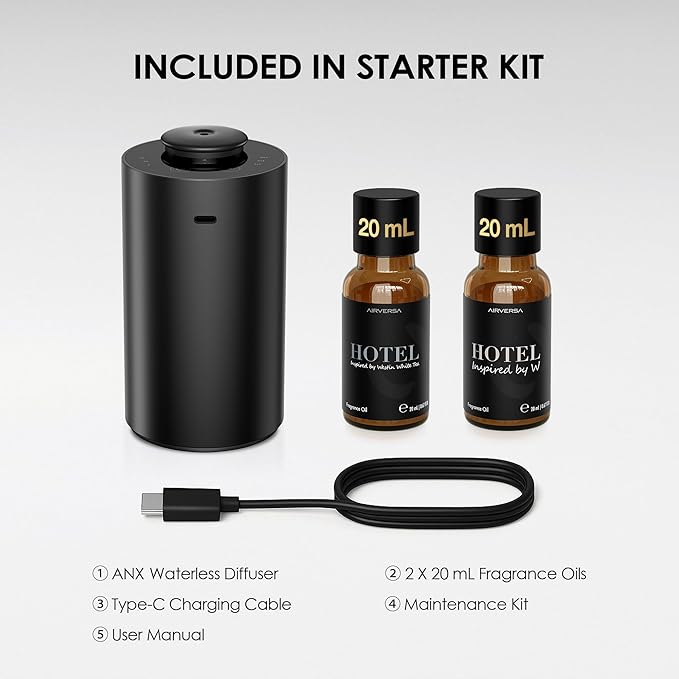 Airversa Waterless Essential Oil Diffuser Starter Kit with 2x20mL Hotel Fragrance Oils for Car Home Office,Premium Aluminum Housing, Up to 600 sq ft, Aroma Nebulizer Baterry Operated, ANX Kit-3 Black - Bloomnest