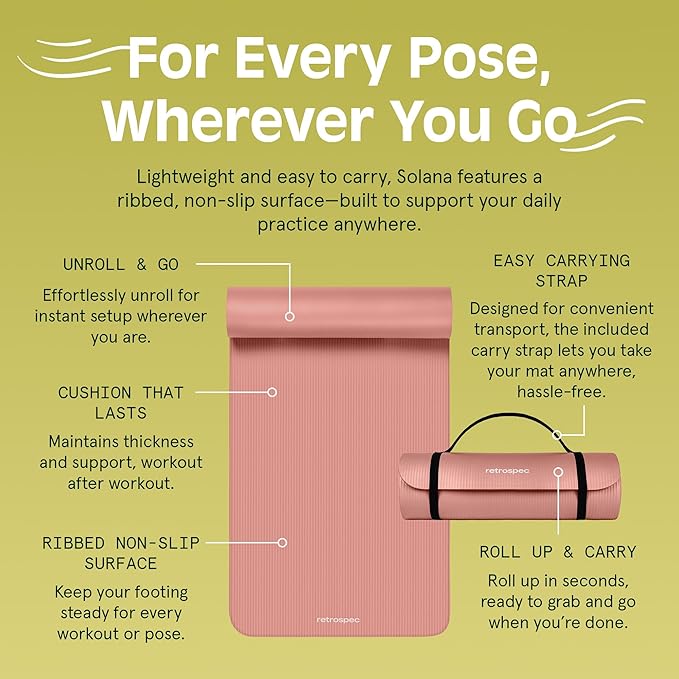 Retrospec Solana Yoga Mat 1" Thick With Nylon Strap For Men & Women - Non Slip Exercise Mat For Home Yoga, Pilates, Stretching, Floor & Fitness Workouts