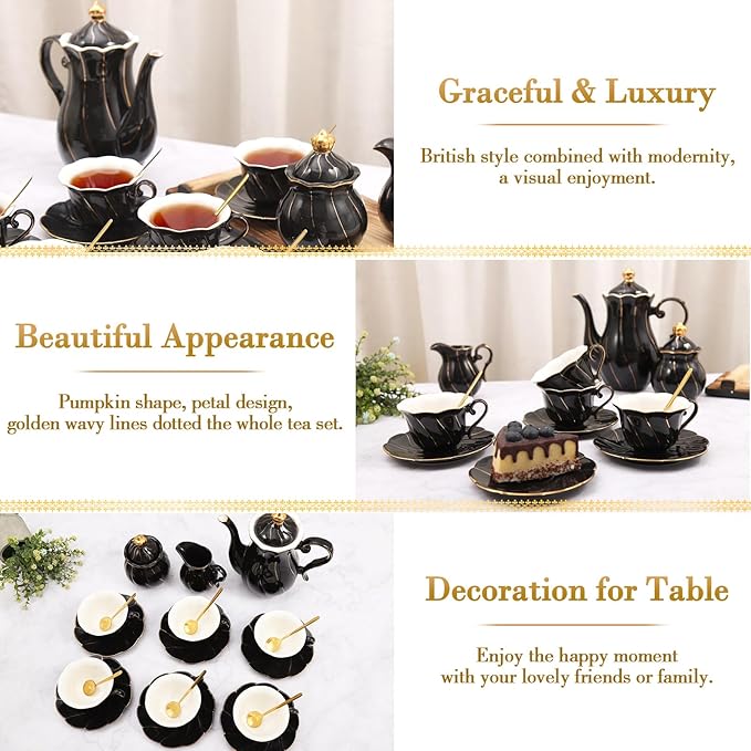 DUJUST 22 pcs Porcelain Tea Set for 6, Luxury British Style Tea/Coffee Cup Set with Golden Trim, Beautiful Tea Set for Women, Tea Party Set, Gift Package (Including a Stand) - Black - Bloomnest