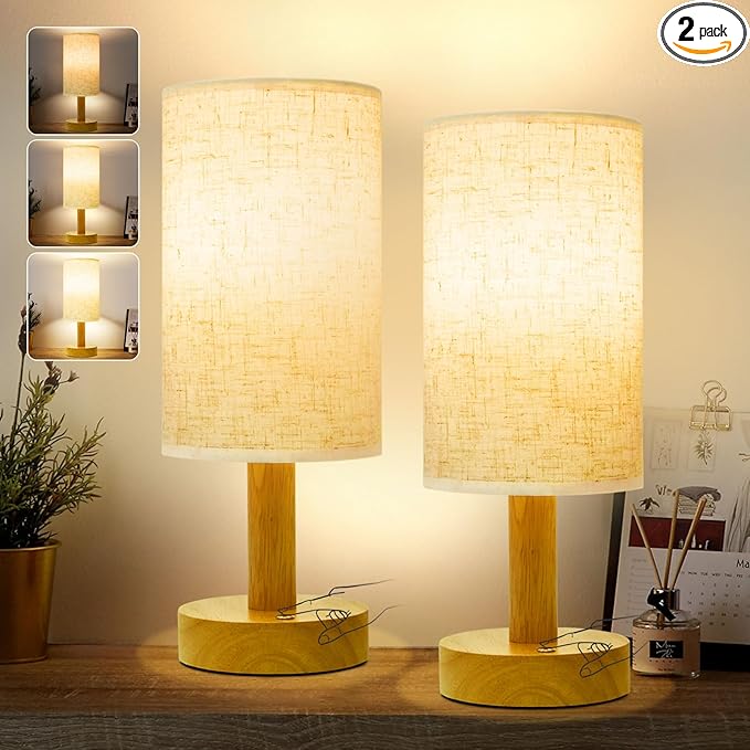Small Cordless Touch Bedside Table Lamps Set of 2,Minimalist Dimmable Battery-Powered Desk Lamps with Round Fabric Linen Shade,Mini Nightstand Warm Night Lights for Bedroom,Home,Living Room,Office - Bloomnest