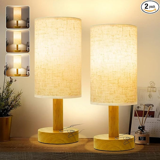 Small Cordless Touch Bedside Table Lamps Set of 2,Minimalist Dimmable Battery-Powered Desk Lamps with Round Fabric Linen Shade,Mini Nightstand Warm Night Lights for Bedroom,Home,Living Room,Office - Bloomnest