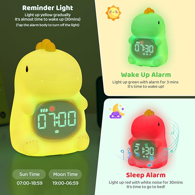 Dinosaurs Alarm Clock with Night Light for Kids with Sleep Training and Sound Machine, Rechargeable Silicone Lamp OK to Wake Clock，Cute Animal Tabletop Lamp, Perfect Sleep Companion for Boys Girls - Bloomnest