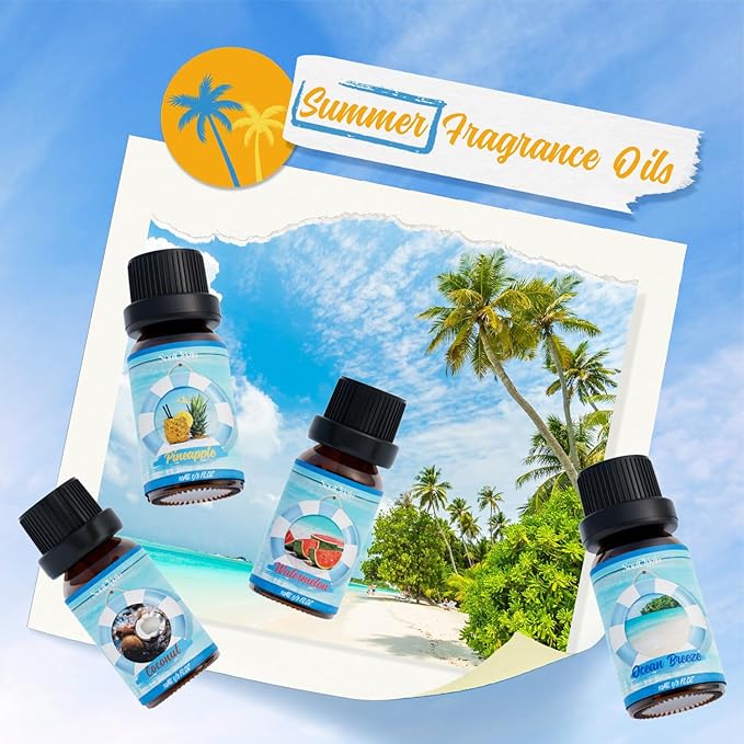 Summer Essential Oils Set, Fragrance Oil Gift Set for Oil Diffusers, Scented Oils for Soap Candle Making 6x10ml - Sea Breeze, Pineapple, Watermelon, Coconut, Pink Beach, and Pina Colada - Bloomnest