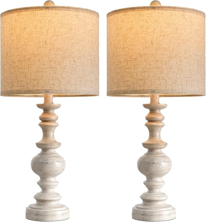 BOBOMOMO 24" Farmhouse Resin Table Lamp Set of 2, Vintage Lamps for Living Room Bedroom with Linen Shades, Traditional Rustic Bedside Lamps Retro Table Lamps for Living Room, Bedroom, Office - Bloomnest