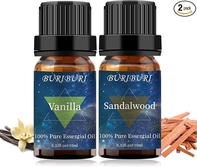BURIBURI Sandalwood Oil Essential and Vanilla Essential Oil Gift Set, 100% Pure, Undiluted, Natural, Organic Aromatherapy Essential Oils 10ML BURIBURI