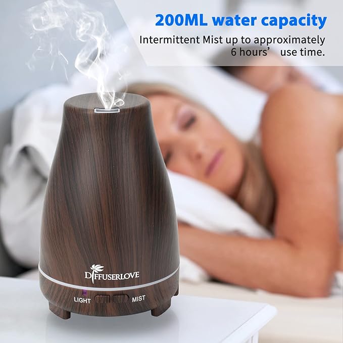 Diffuserlove Essential Oil Diffusers 200ML, Remote Control Aromatherapy Diffuser with 7 Color Lights, Auto Shut-Off for Bedroom Office Kitchen (Black Wood Grain) Diffuserlove