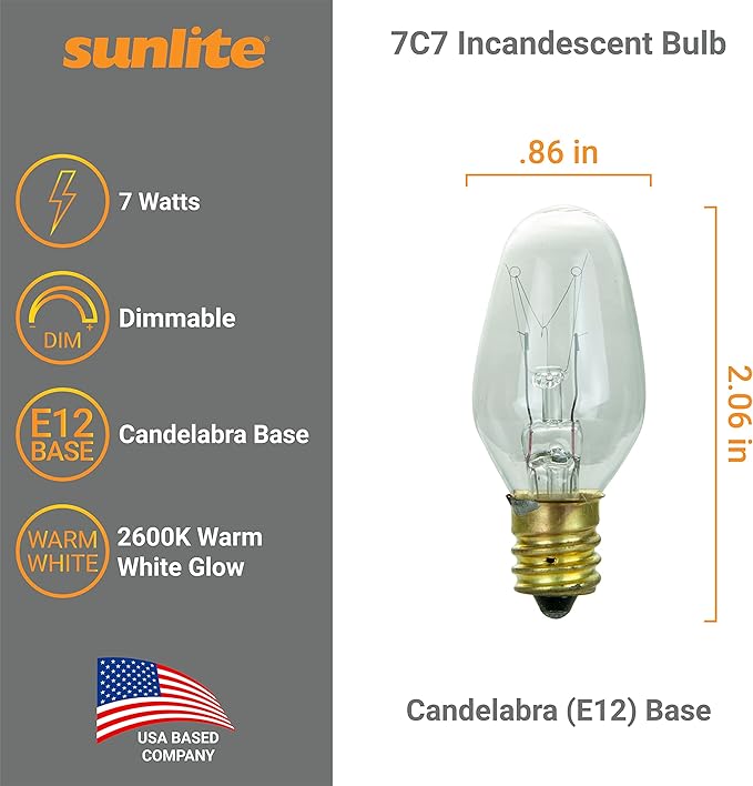 Sunlite 01280 7C7 Incandescent Bulb, 7 Watt, Candelabra E12 Base, C7 Small Night Light, Colored Bulb, Clear, 25 Count - Bloomnest