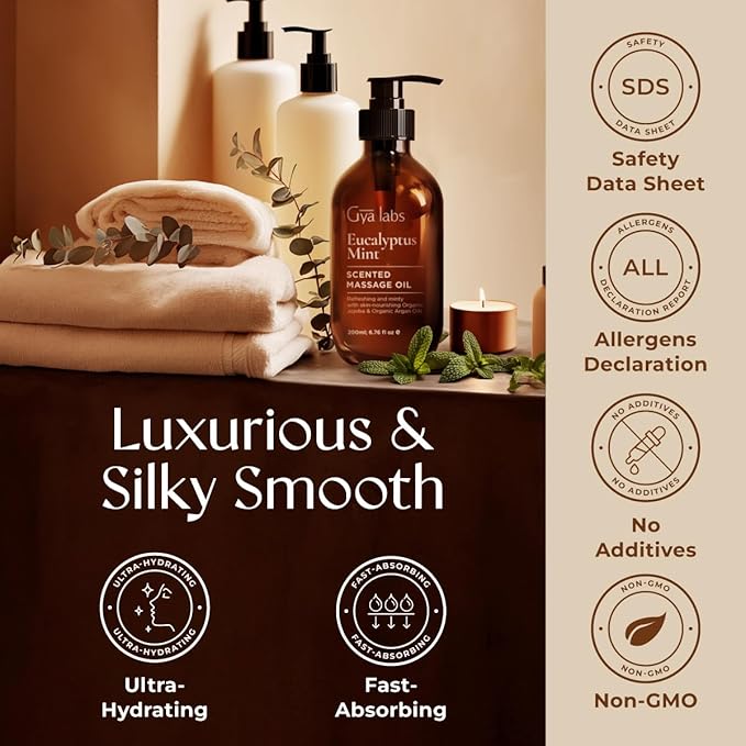 Gya Labs Eucalyptus Mint Massage Oil for Sore Muscles & Deep Relaxation - 6.76 fl oz - 100% All Natural Non-Greasy Body Massage Oil with Argan & Jojoba Oil for Men & Women - Professional & Home Use - Bloomnest