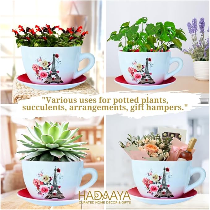 7.5" Ceramic Teacup Planter Pot with Saucer | Ideal for Succulents, Orchids, Herbs & Flowers | Indoor & Outdoor Use for Wedding & Home Decor & More - RED - Paris Eiffel Tower - Bloomnest