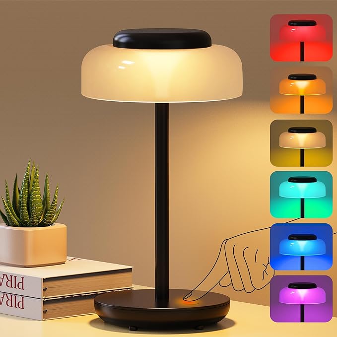 QiMH Battery Operated LED Table Lamp for Living Room, 5000mAh Cordless Desk Lamp with Stepless Dimmable Touch Control, Mini Rechargeable Night Light for Bedroom, Outdoor bar (Black-RGB) - Bloomnest