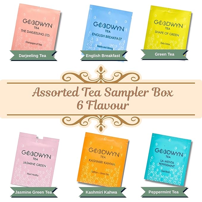 Goodwyn Assorted Tea Sampler Box – 60 Individually Wrapped Tea Bags | Premium Herbal, Black & Green Tea Collection in Reusable Wooden Chest | 6 Flavors x 10 Each: Darjeeling, English Breakfast, Green, Jasmine, Kahwa, Peppermint | Ideal Gift Set - Bloomnest