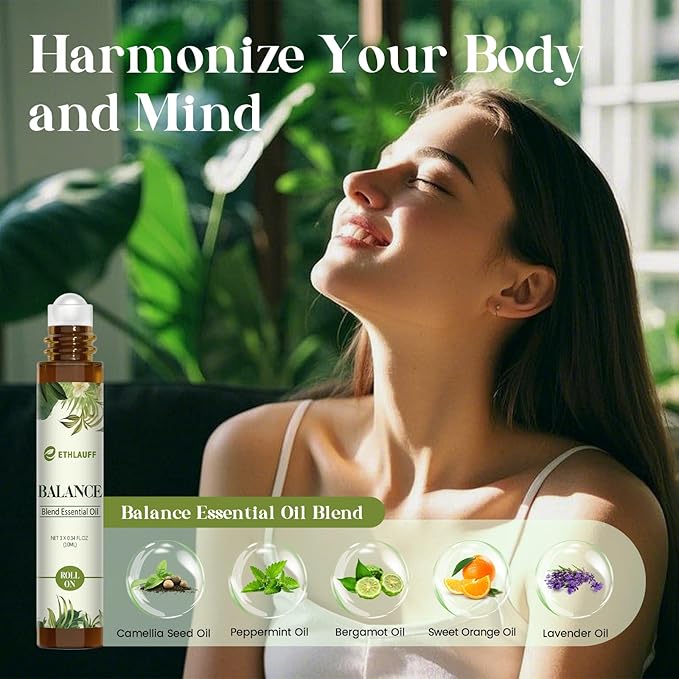 Essential Oils Roll On Set 3 Pack (Breathe, Focus on, Balance) - Essential Oil Blend Stress Relief Gift Aromatherapy Self Care Gift for Women, 3 * 10ml - Bloomnest