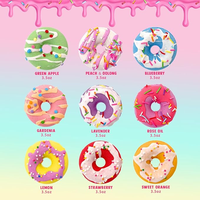 Donut Bath Bombs for Girls, 4oz/Pack of 9 Bath Bombs for Kids with Surprise Inside, Kids Bath Bombs with Jewelry Inside, Bath Bombs for Girl's Birthday Party Favor, Spa Day Gift