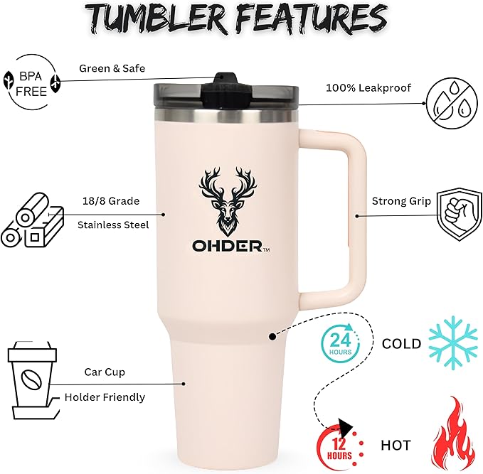 40 oz Tumbler with Handle and Straw | Vacuum Insulated Double Wall Stainless Steel Travel Mug | Leakproof, Hot and Cold | Cup Holder Friendly Base (Rose Quartz) - Bloomnest