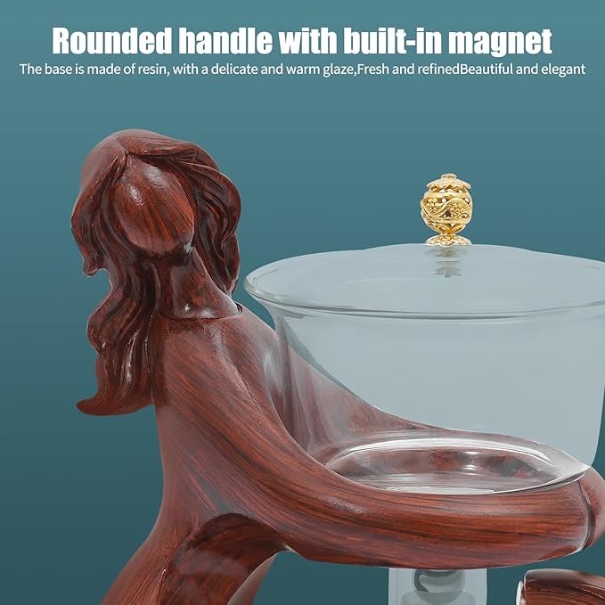 Semi Automatic Glass Teapot Set with 6 Small Cups, Magnetic Teapot with Infuser Tea Maker Machine for Homes, Offices, Gatherings (Red Brown)