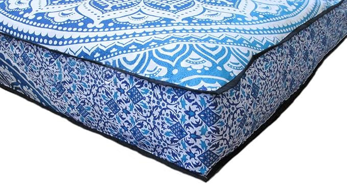 INDIAN CRAFT CASTLE 24" Blue Ombre Mandala Barmeri Large Floor Pillow Cover Cushion Meditation Seating Ottoman Throw Cover Hippie Decorative Zipped Bohemian Pouf Ottoman Pom Pom Cases 24" Square - Bloomnest