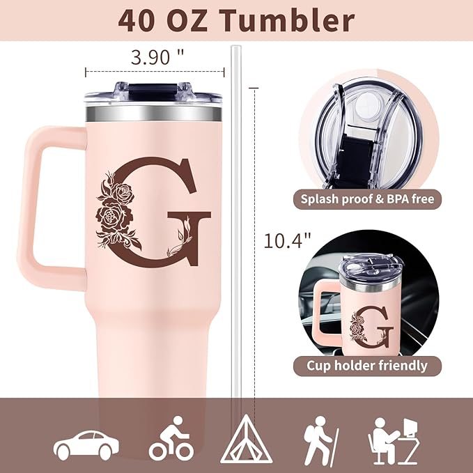Monogrammed 40oz Tumbler with Handle for Women, Personalized Birthday Gifts for Women,Initial Cups for Woman Pink Letter G,Customized Gifts for Female Lady Gift for Mothers Day Christmas - Bloomnest