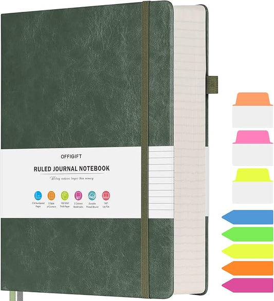 Lined Journal Notebook, Large A5 College Ruled Notebook, 312 Numbered Pages Work Notebook with Index Stickers, 100gsm Thick Paper, Hardcover Vegan Leather Journal for Women Men School Office, Green - Bloomnest