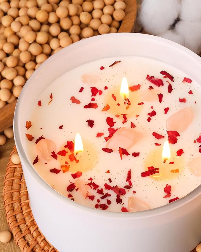 AOOVOO Rose Scented Candles for Women - 20oz 3 Wick Soy Candles for Home Scented, Aromatherapy Candle with Crystals Inside, Birthday Gifts Christmas Candle for Women Mom - Bloomnest