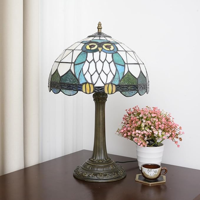 Tiffany Lamp Owl Animal Style Stained Glass Table Lamp Vintage Bedroom Bedside Light for Home Dorm Office Art Craft Antique Decor Accent Aesthetic Nightstand Reading Light 12x12x19 Inches - Bloomnest
