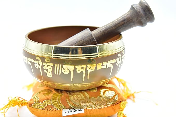 3.75" Tibetan Meditation Yoga Singing Bowl Green Set with free Wooden Mallet and Silk Cushion from Nepal, Singing bowls. (Orange) - Bloomnest