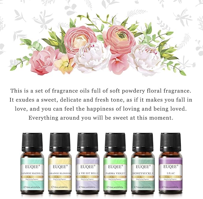 EUQEE Premium Floral Fragrance Oils Set 6PCS Fragrance Oils Set for Diffuser, DIY Candle - Honeysuckle, Lilac, Japanese Magnolia, Violet, Orange Blossom (10ml) EUQEE