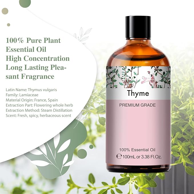 Thyme 3.38fl.oz Essential Oil, PHATOIL Aromatherapy Essential Oils for Diffuser, Humidifier, Perfect for DIY Soap, Candle, Bath Bombs Making(100ml) PHATOIL