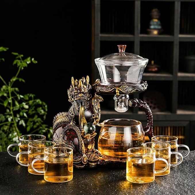 Glass Teapot Set with Infuser Semi Automatic Dragon Tea Set with 6 Small Cups (red golden dragon) - Bloomnest