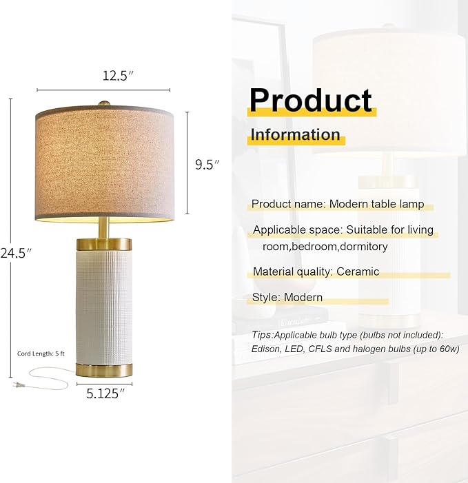 24.5 inches Modern Ceramic Bedside Lamp Set of 2 for Bedroom Decor Farmhouse Table Lamp for Living Room Office Dorm - Bloomnest