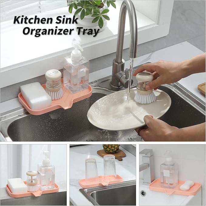 Silicone Bathroom Soap Dishes with Drain Spout-Bathroom and Kitchen Sink Organizer,Sponge Holder,Dish Soap Tray,Perfect for Dispenser,Scrubber,Bottle,Cup on Sink or Counter-Pink 9.6"×5.3" - Bloomnest