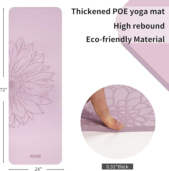 HAHE Yoga Mat Thick (8MM,1/3"), Eco-Friendly POE Non Slip Yoga Mat, High Rebound & Shock Absorption, Anti-Tear & Sweat-Resistant for Yoga, Fitness, Home, Workouts, Large Pilates Mats 72"x24" with Carrying Strap - Bloomnest
