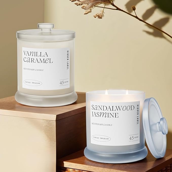 Sandalwood Jasmine Scented Candle, 2 Wicks, 13oz Natura Soy Wax Non Toxic, Large Candles for Home Scented, 75Hs Long Lasting Clean Burn | Aromatherapy Candle for Home Decor, Stress Relief & Relaxation - Bloomnest
