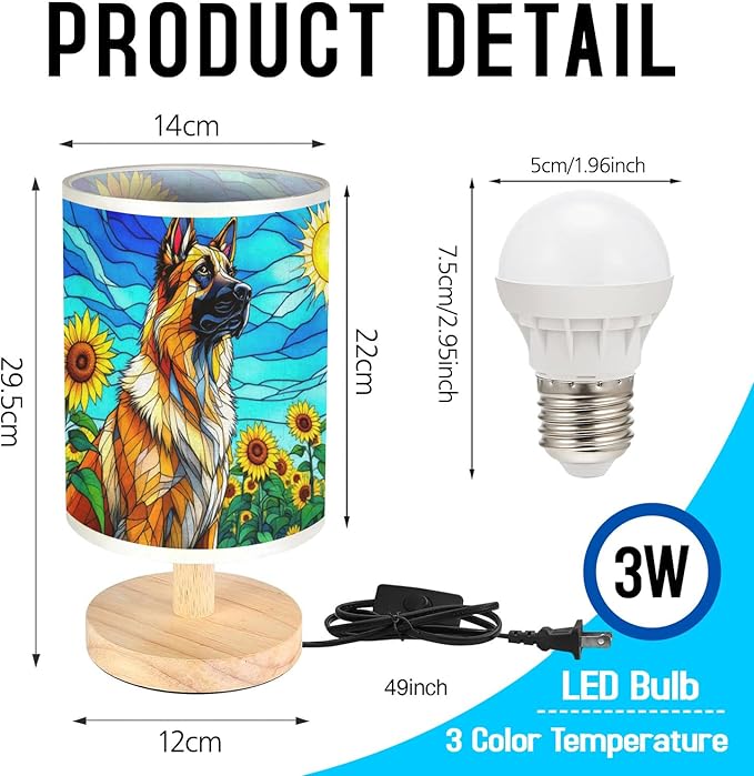 Anatolian Shepherd Table Lamp LED 3-Color Pressed Bedside, Dog Shade Lamp with Wood Base for Bedroom Living Room Desk Office - Bloomnest