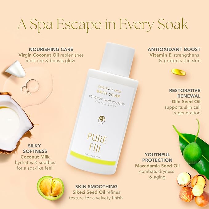 Pure Fiji Coconut Milk Bath Soak, Coconut Lime Blossom (14oz/415ml) - Bloomnest