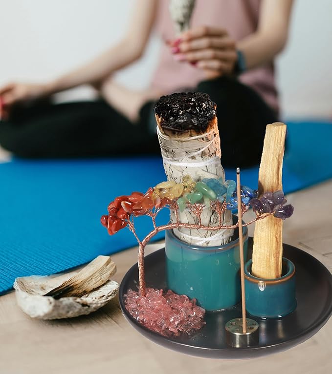 Multifunction Incense and Candle Holde, Crystal Tree Palo Santo Burning Sage Burner, Smudge Bowl Ash Catcher, Coffee Table Centerpiece Decor for Living Room, Women Gifts for Christmas - Bloomnest
