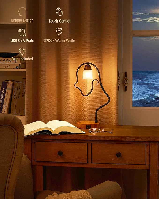 Touch Unique Table Lamp, Creative Cute LED Desk Lamp with USB C+A Ports, 3-Way Dimmable Nightstand Bedside Lamps, for Home Decor & Gifts, Kids Reading, Living Room, Office (Bulb Included) - Bloomnest