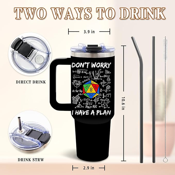 DUUV Funny Tumbler 40 Oz with Handle, Don't Worry I Have a Plan Dice and Math Design, Sarcastic Nerd Gifts for Gamers Math Lovers, Birthday Christmas Gift, 1PCS - Bloomnest