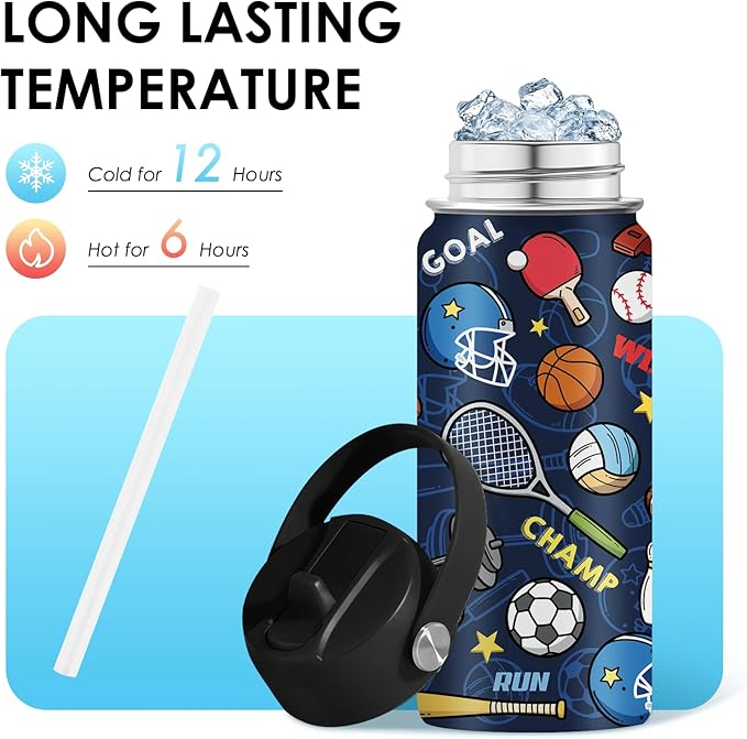 Sports Gifts for Men & Women - 16oz Water Bottle with Straw Lid, Stainless Steel Insulated Tumbler, Leakproof, BPA-Free, for Her, Daily Use, Travel - Sport Lovers Birthday Gift Cup (1pc) - Bloomnest