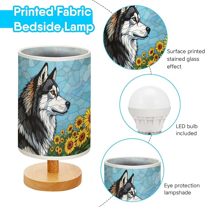 Alaskan Malamute Table Lamp LED 3-Color Pressed Bedside, Dog Shade Lamp with Wood Base for Bedroom Living Room Desk Office - Bloomnest