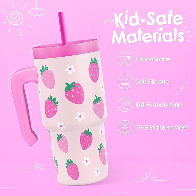 Strawberry Tumbler 20oz with Handle and Silicone Straw Lid for Kid, Insulated Stainless Steel Cup, Gift for Kids Girls, Gifts Idea for Birthday Christmas Back to School - Bloomnest