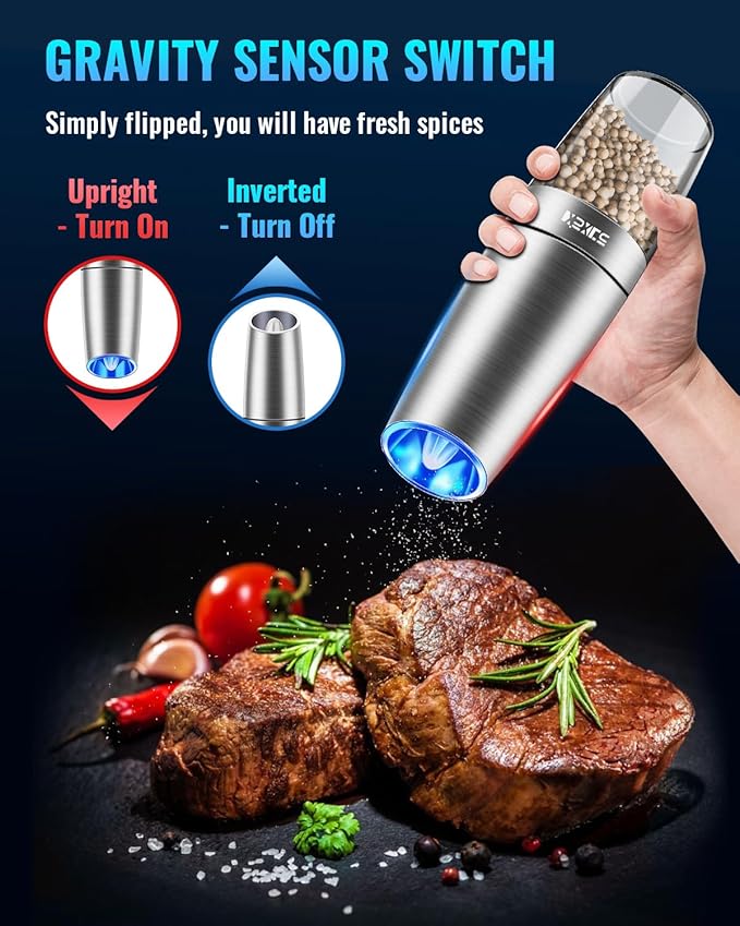 XinXu Gravity Electric Pepper/Salt Grinder, Salt and Pepper Mill & Adjustable Coarseness, Battery Powered with LED Light, One Hand Automatic Operation, Stainless steel - (Single/Silver) - Bloomnest