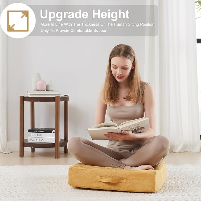 2 Pcs High Density Foam Floor Pillow - Upgraded Large Pillows Seating for Adults - Outdoor Floor Cushion with Soft Tufted Cover - Yoga Pillows for Sitting On Floor - 22 Inch Yellow - Bloomnest