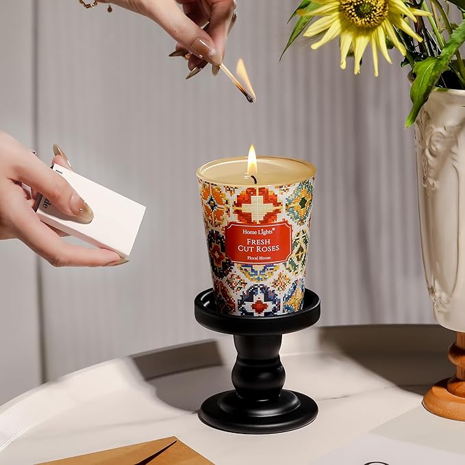 HomeLights Large jar Candle | 1-Wick Long-Lasting Scented Candles, 6.7oz Natural Soy Wax Candle for Home Scented, Bohemian Natural Textures Gifts for Women & Men, Fresh Cut Roses - Bloomnest