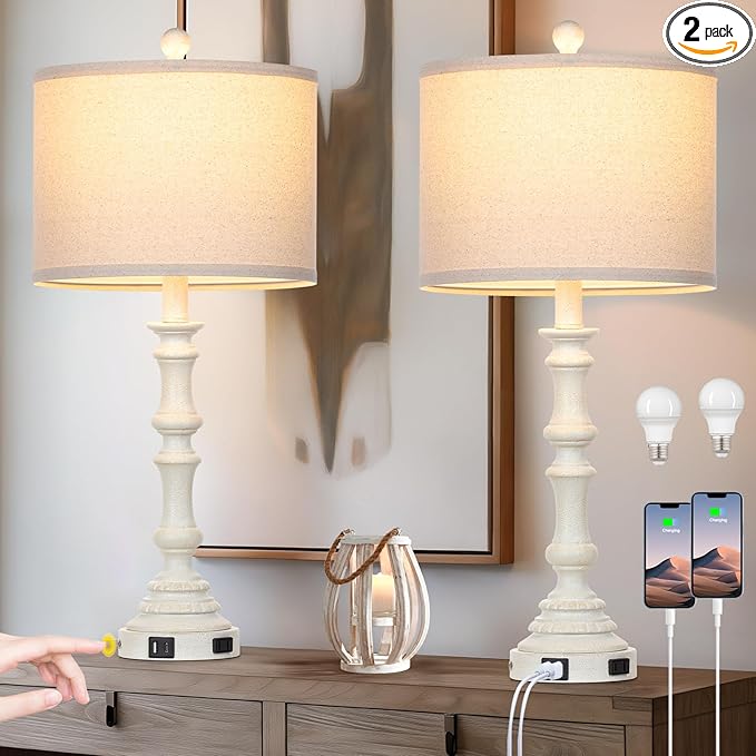 27.5" Farmhouse Table Lamps Set of 2 with USB C+A Ports & AC Outlet for Vintage Living Room Retro Bedroom,3-Way Dimmable Touch Lamp Resin Bedside Lamps for Nightstand Side End Table,White-1 - Bloomnest