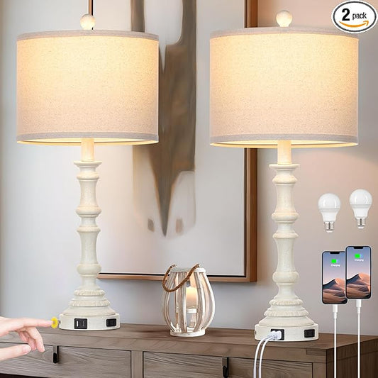 27.5" Farmhouse Table Lamps Set of 2 with USB C+A Ports & AC Outlet for Vintage Living Room Retro Bedroom,3-Way Dimmable Touch Lamp Resin Bedside Lamps for Nightstand Side End Table,White-1 - Bloomnest