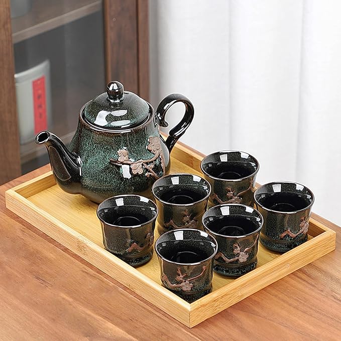 KEYDUACU Japanese Tea Set, Green Kiln-Formed Ceramic Plum Blossom Cameo Tea Set, Includes 1 Teapot, 6 Teacups,Tea Tray,Strainer, Used for gifts, home, outdoor, Chinese Kung Fu Tea Set(FDMHA-GREEN) - Bloomnest