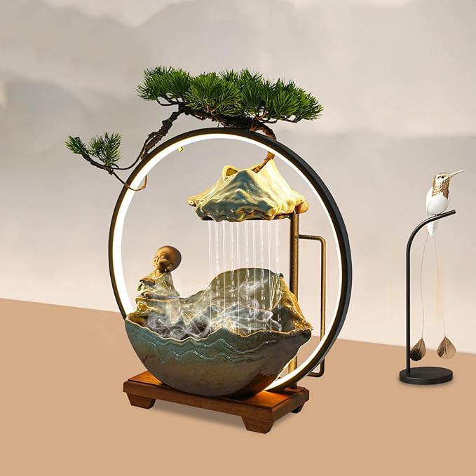 Water Fountains Indoor Tabletop Waterfall Humidifier W/LED Light & Atomizer Mist &Cute Monk Statue, Zen Decor Meditation Japanese Decor Fake Plants Feng Shui Decor Festival Birthday Gift - Bloomnest