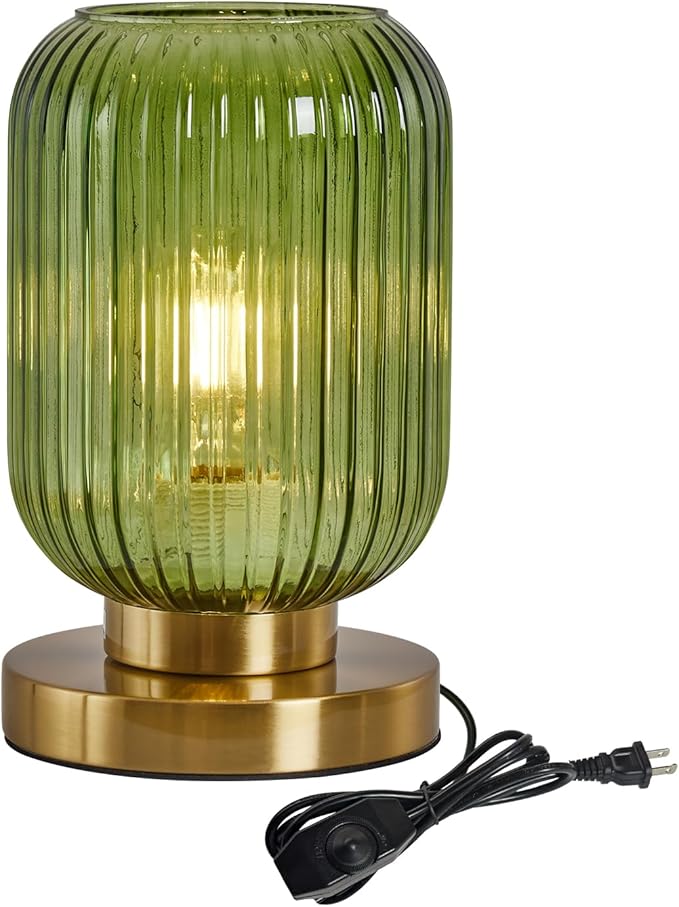 Glass Table Lamps Mid Century Modern Globe, Dimmable Green Table Lamp for Nightstand, Small Gold Table Lamp, Green Pumpkin Design Ribbed Glass Vintage Bedside Lamp for Bedroom Living Room Office - Bloomnest